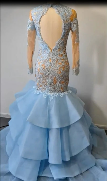 Pretty Long Sleeves Light Blue Long Mermaid Lace Prom Dresses Evening Dresses