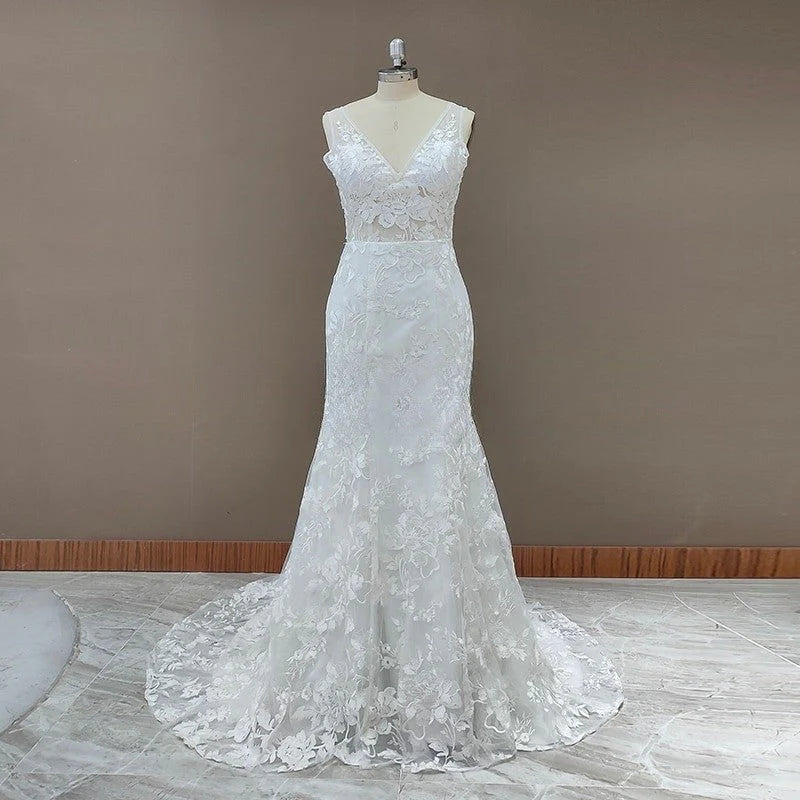 Princess Mermaid V Neck Lace Appliques Ivory Wedding Dresses