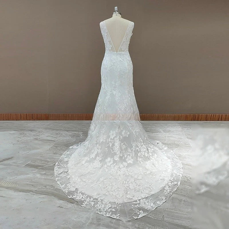 Princess Mermaid V Neck Lace Appliques Ivory Wedding Dresses