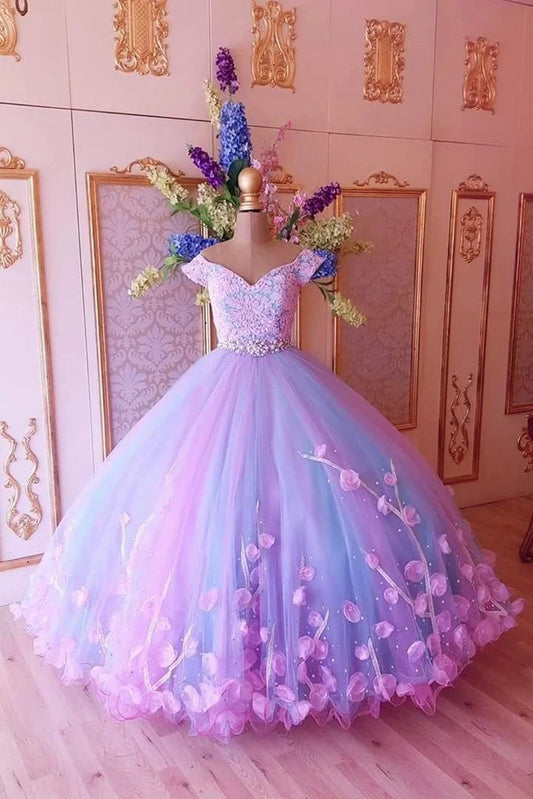 Princess Pink and Blue Ball Gown Off the Shoulder Prom Dresses With Flower Quinceanera Dresses