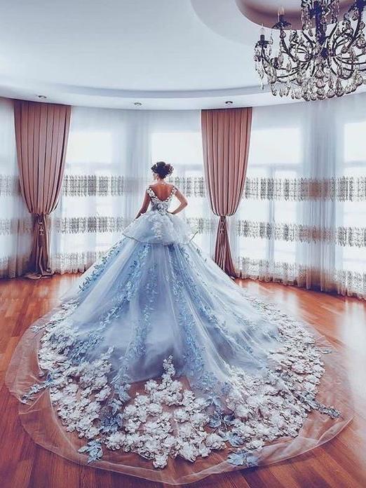 Princess Pretty Light Blue Ball Gown Long Backless Quinceanera Wedding Gowns