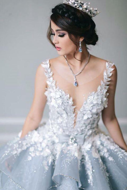 Princess Pretty Light Blue Ball Gown Long Backless Quinceanera Wedding Gowns