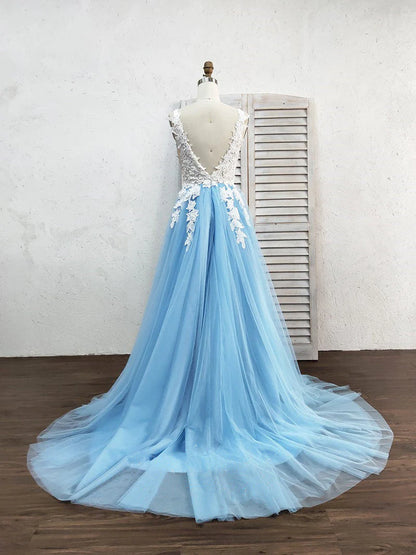 Prom Dress Tulle A-Line V-Neck Sweep Train With Appliques