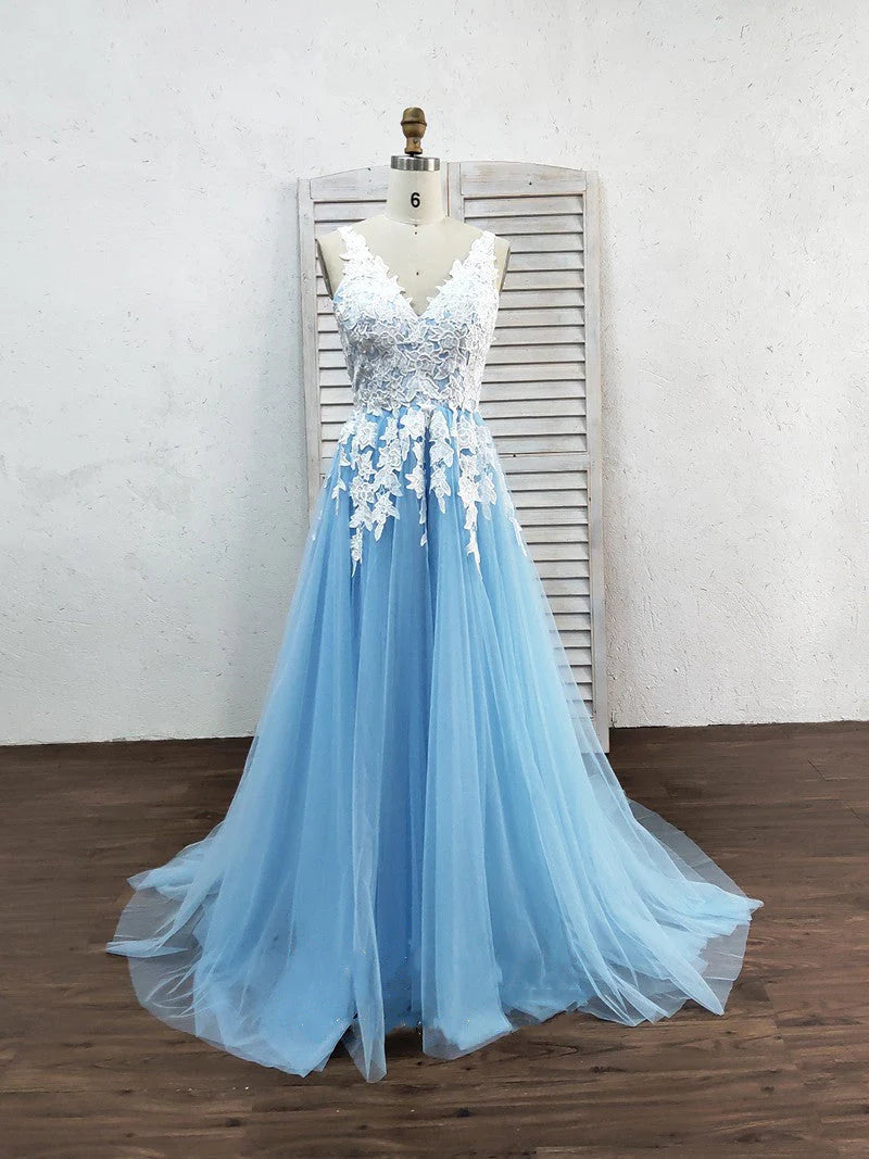 Prom Dress Tulle A-Line V-Neck Sweep Train With Appliques