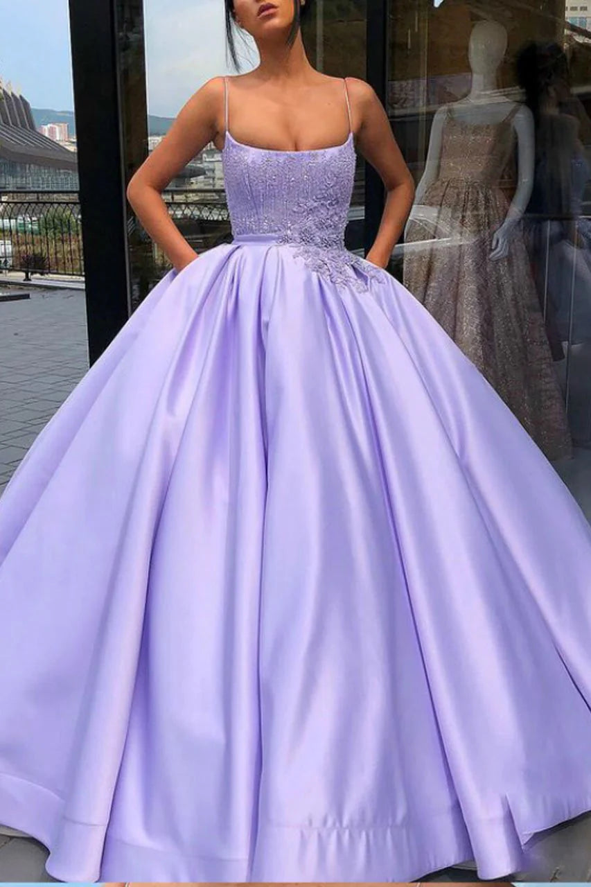 Purple Ball Gown Spaghetti Straps Satin Prom Dress With Pocket Quinceanera Dress