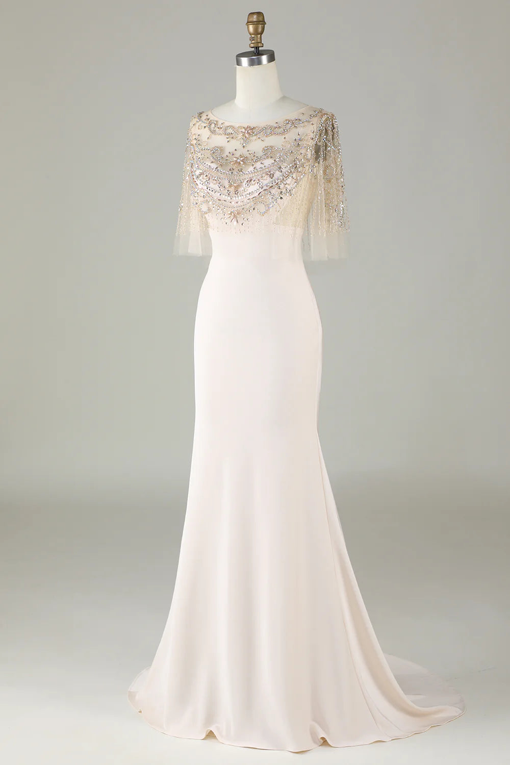 Amzcw Sparkly Champagne Boat Neck Beaded Mermaid Long Prom Dress
