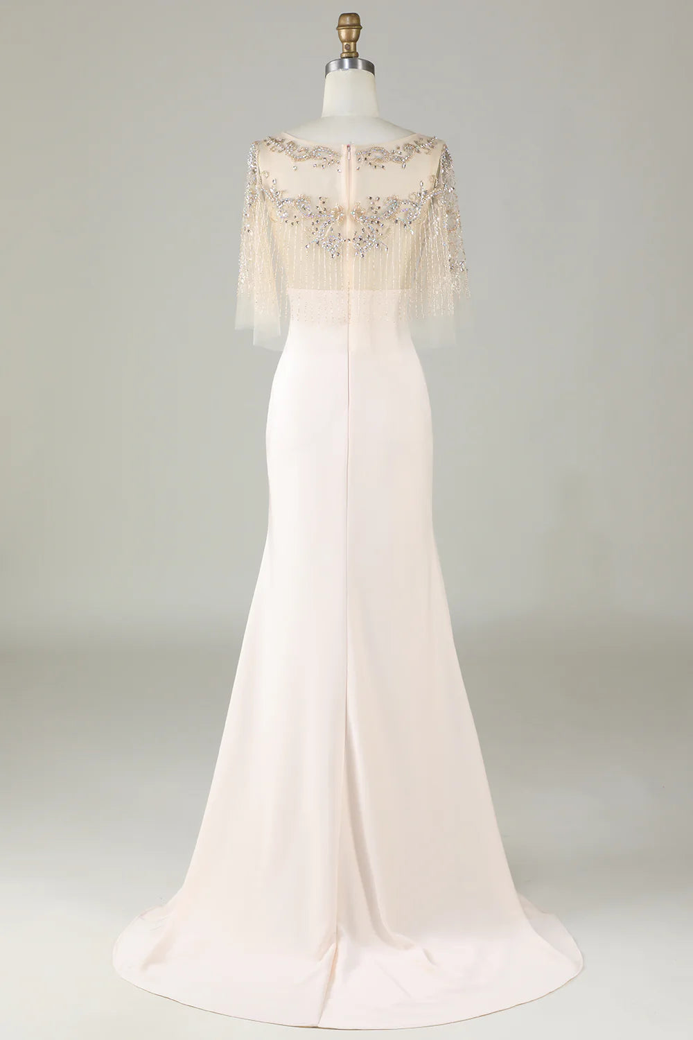 Amzcw Sparkly Champagne Boat Neck Beaded Mermaid Long Prom Dress