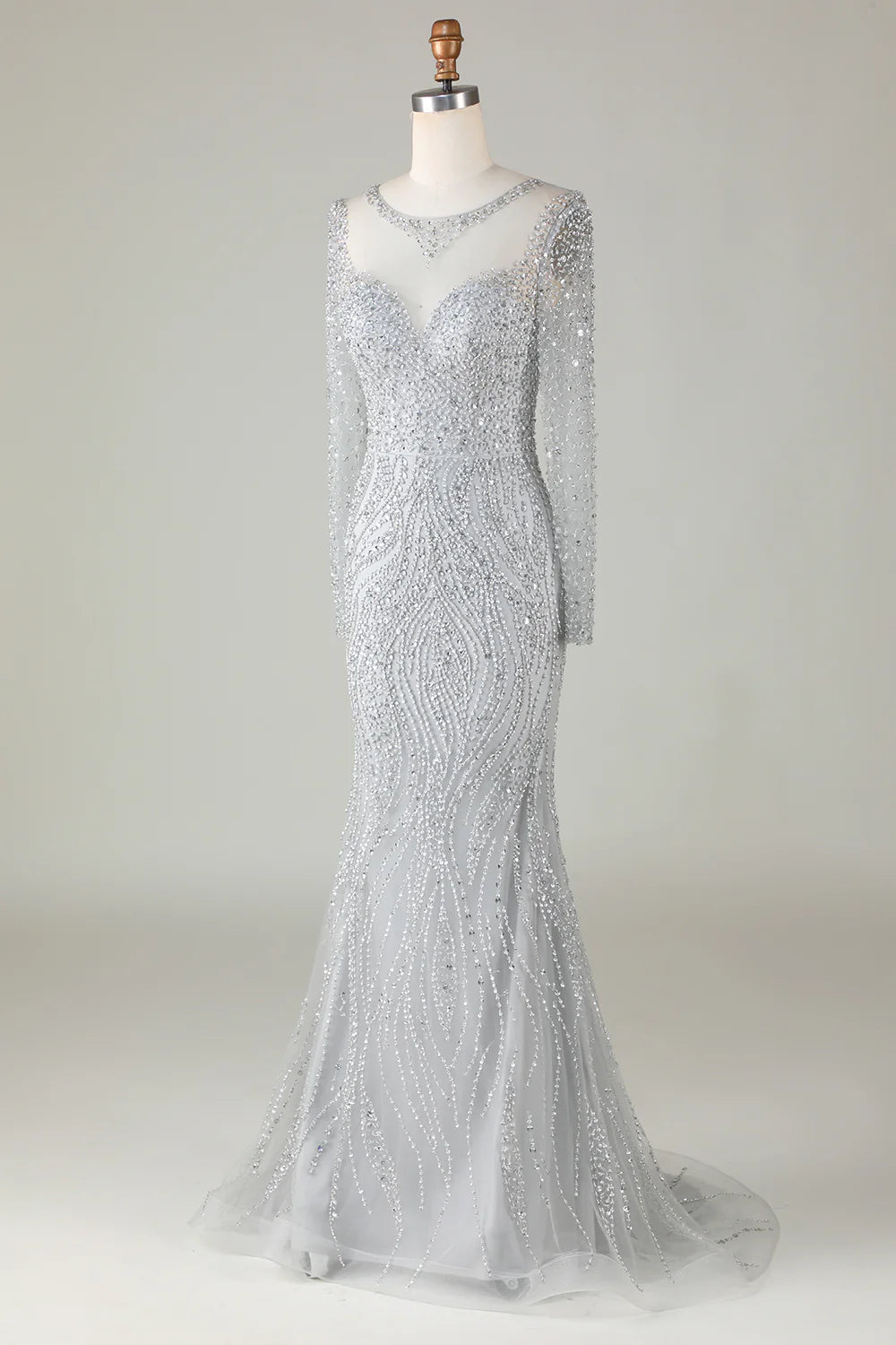 Amzcw Gorgeous Sparkly Grey Beaded Mermaid Long Prom Dress