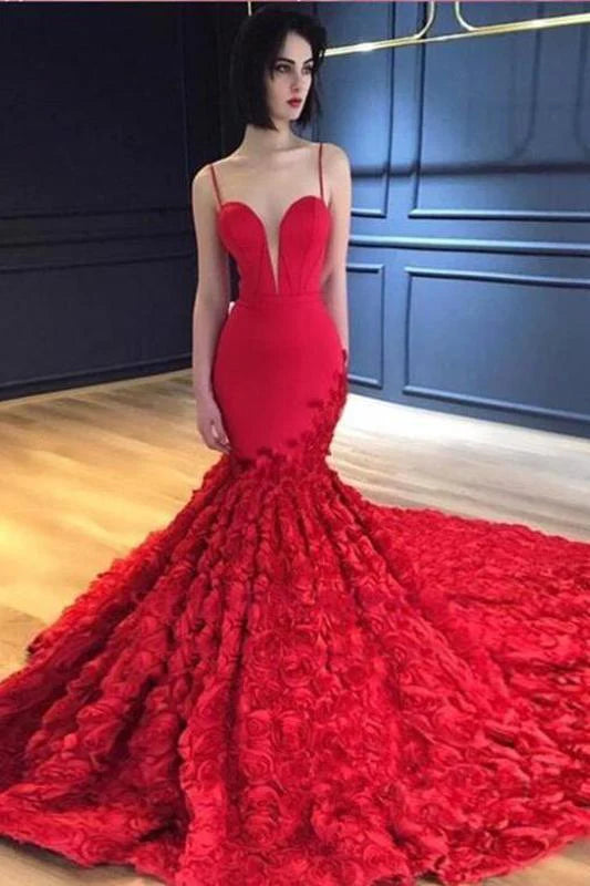 Mermaid Prom Dresses Spaghetti Straps V Neck Trumpet Rose Lace Evening Dresses