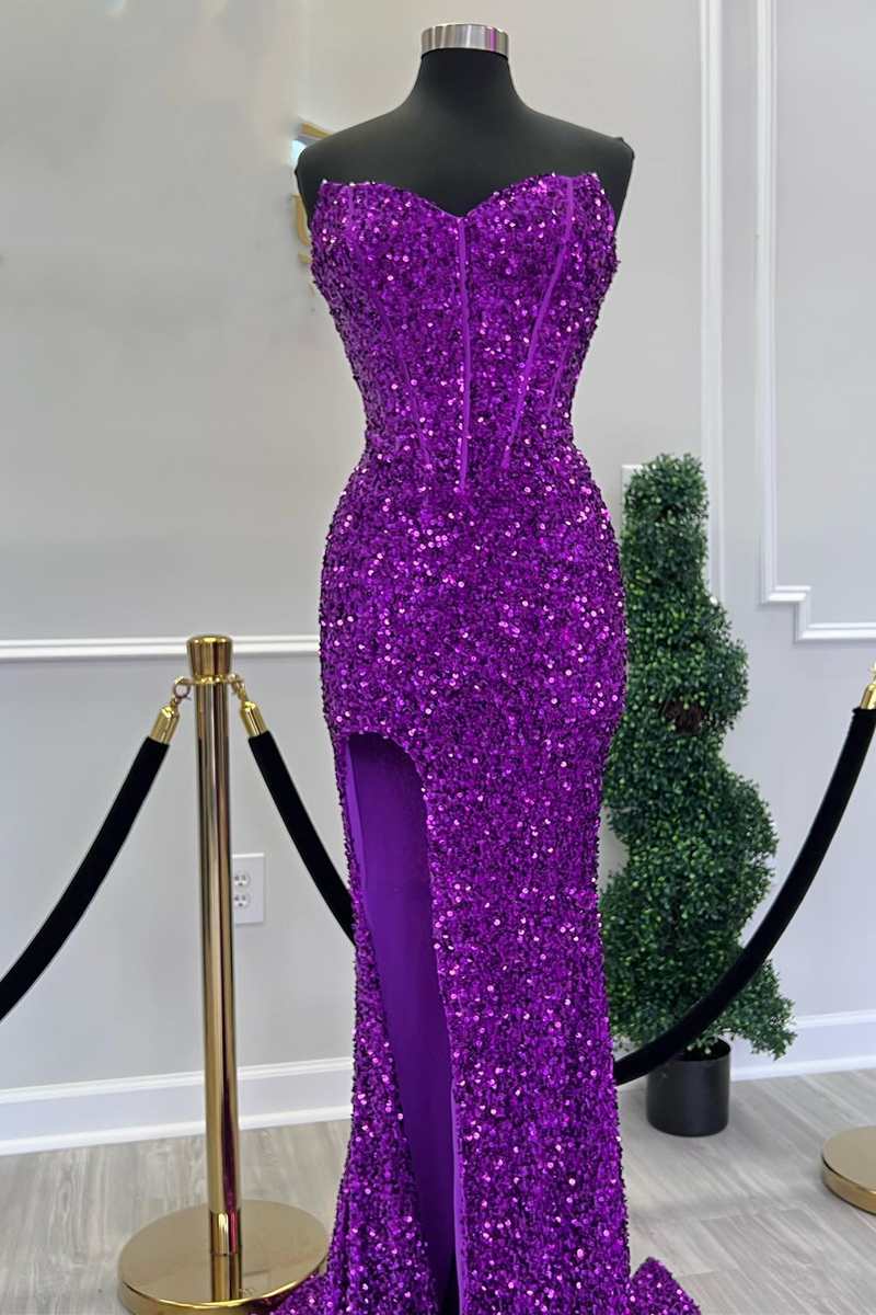Sequins Sweetheart Floor-Length Mermaid Prom Dresses With Slit