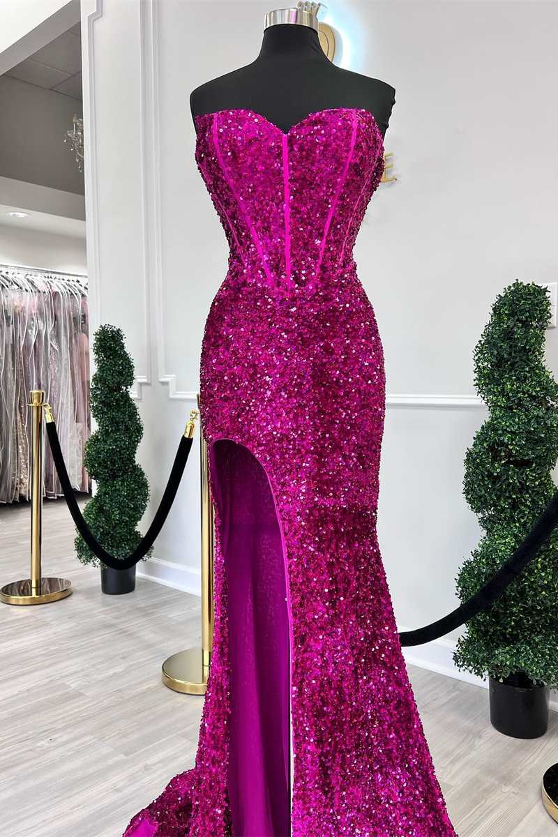 Sequins Sweetheart Floor-Length Mermaid Prom Dresses With Slit