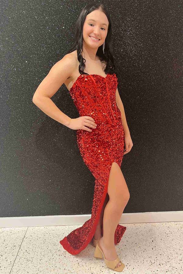 Sequins Sweetheart Floor-Length Mermaid Prom Dresses With Slit