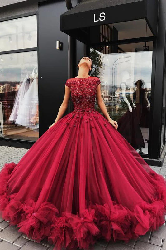 Red Tulle Appliques Ball Gown Round Neck Prom Dress Quinceanera Dresses