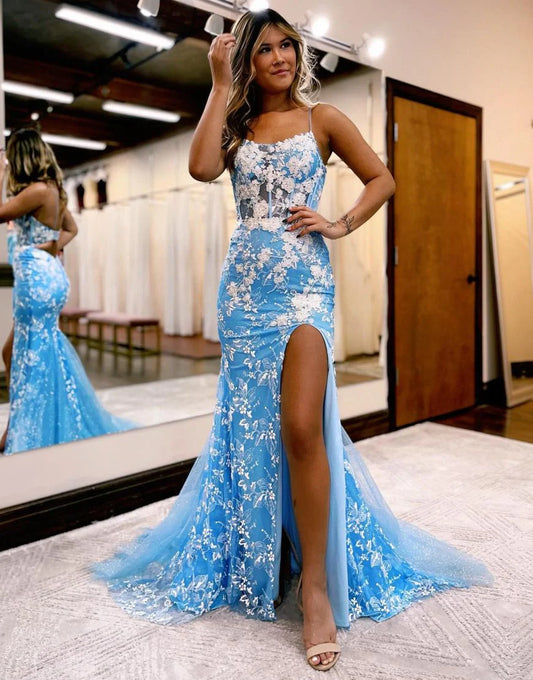 Romantic Spaghetti Straps Mermaid Open Back Slit Prom Dress With Appliques