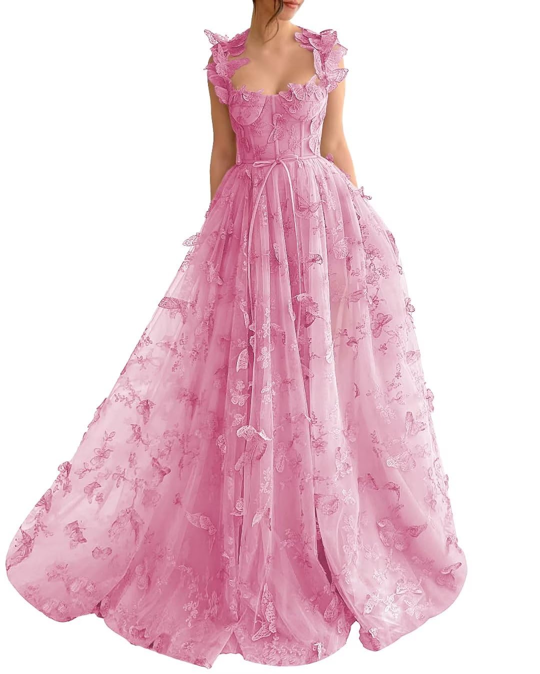 A-Line Prom Dresses Elegant Dress Formal Sweep / Brush Train Sleeveless Square Neck Tulle with Pleats Slit Appliques 3D Butterflies Dress