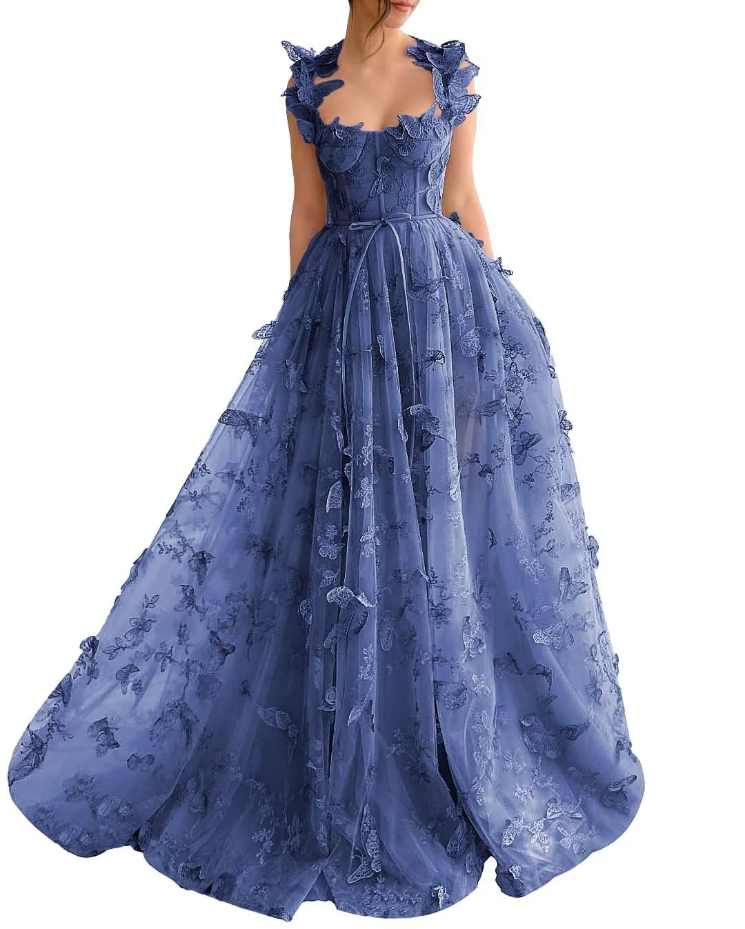 A-Line Prom Dresses Elegant Dress Formal Sweep / Brush Train Sleeveless Square Neck Tulle with Pleats Slit Appliques 3D Butterflies Dress