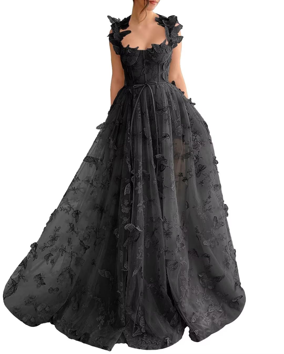 A-Line Prom Dresses Elegant Dress Formal Sweep / Brush Train Sleeveless Square Neck Tulle with Pleats Slit Appliques 3D Butterflies Dress