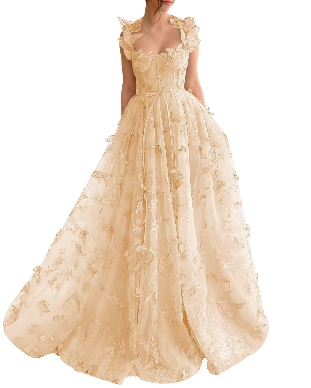 A-Line Prom Dresses Elegant Dress Formal Sweep / Brush Train Sleeveless Square Neck Tulle with Pleats Slit Appliques 3D Butterflies Dress