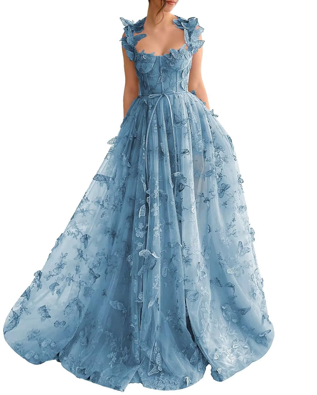 A-Line Prom Dresses Elegant Dress Formal Sweep / Brush Train Sleeveless Square Neck Tulle with Pleats Slit Appliques 3D Butterflies Dress