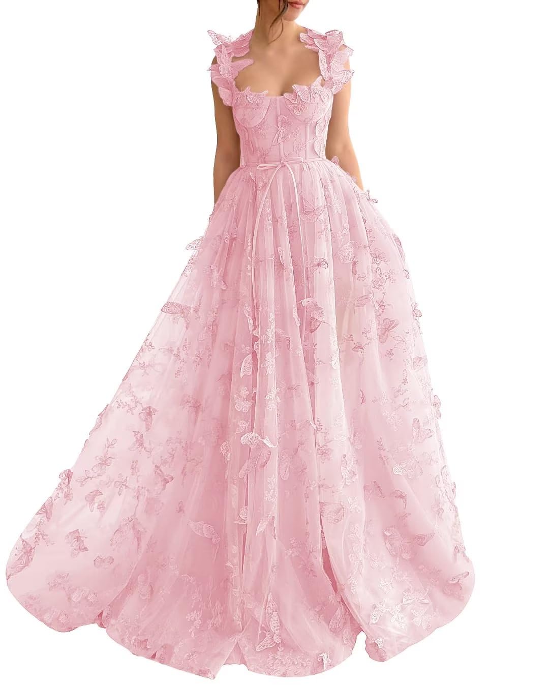 A-Line Prom Dresses Elegant Dress Formal Sweep / Brush Train Sleeveless Square Neck Tulle with Pleats Slit Appliques 3D Butterflies Dress