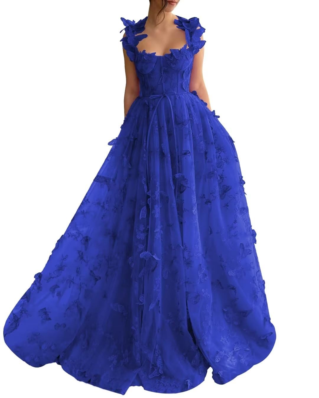 A-Line Prom Dresses Elegant Dress Formal Sweep / Brush Train Sleeveless Square Neck Tulle with Pleats Slit Appliques 3D Butterflies Dress