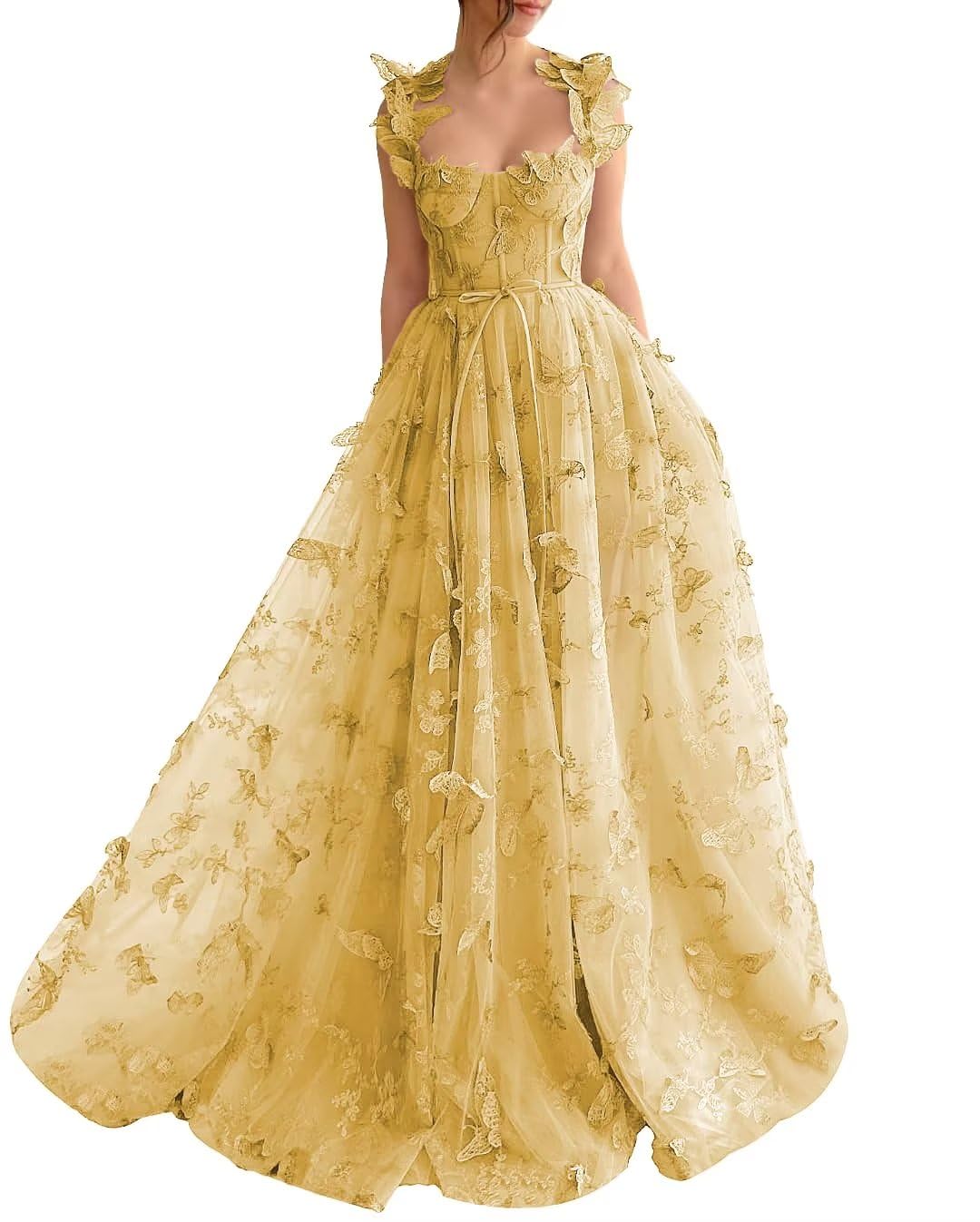 A-Line Prom Dresses Elegant Dress Formal Sweep / Brush Train Sleeveless Square Neck Tulle with Pleats Slit Appliques 3D Butterflies Dress