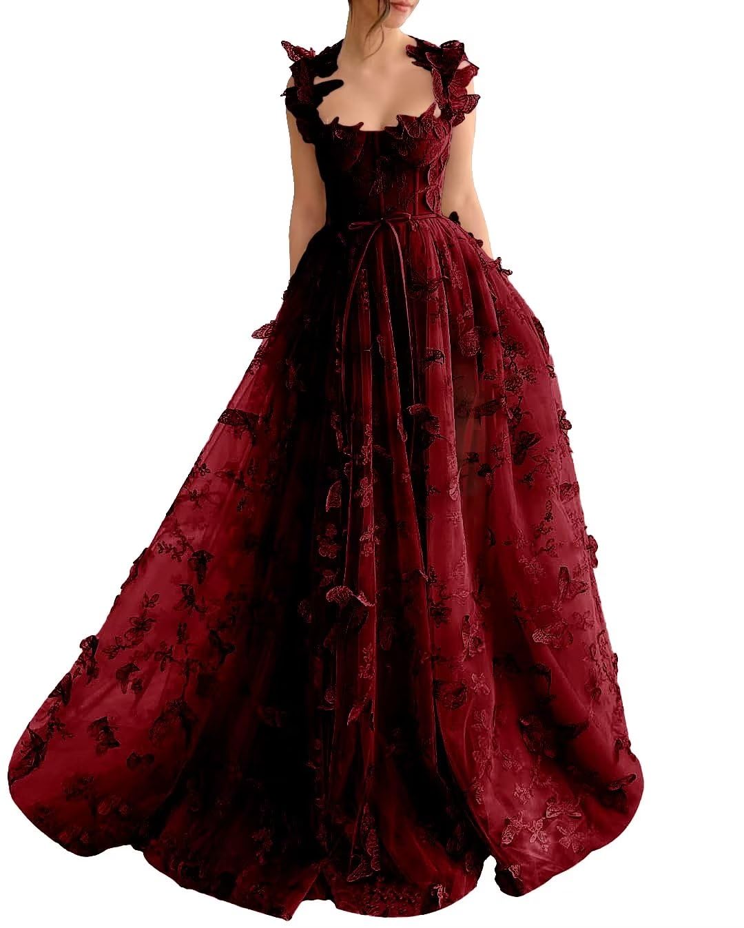 A-Line Prom Dresses Elegant Dress Formal Sweep / Brush Train Sleeveless Square Neck Tulle with Pleats Slit Appliques 3D Butterflies Dress