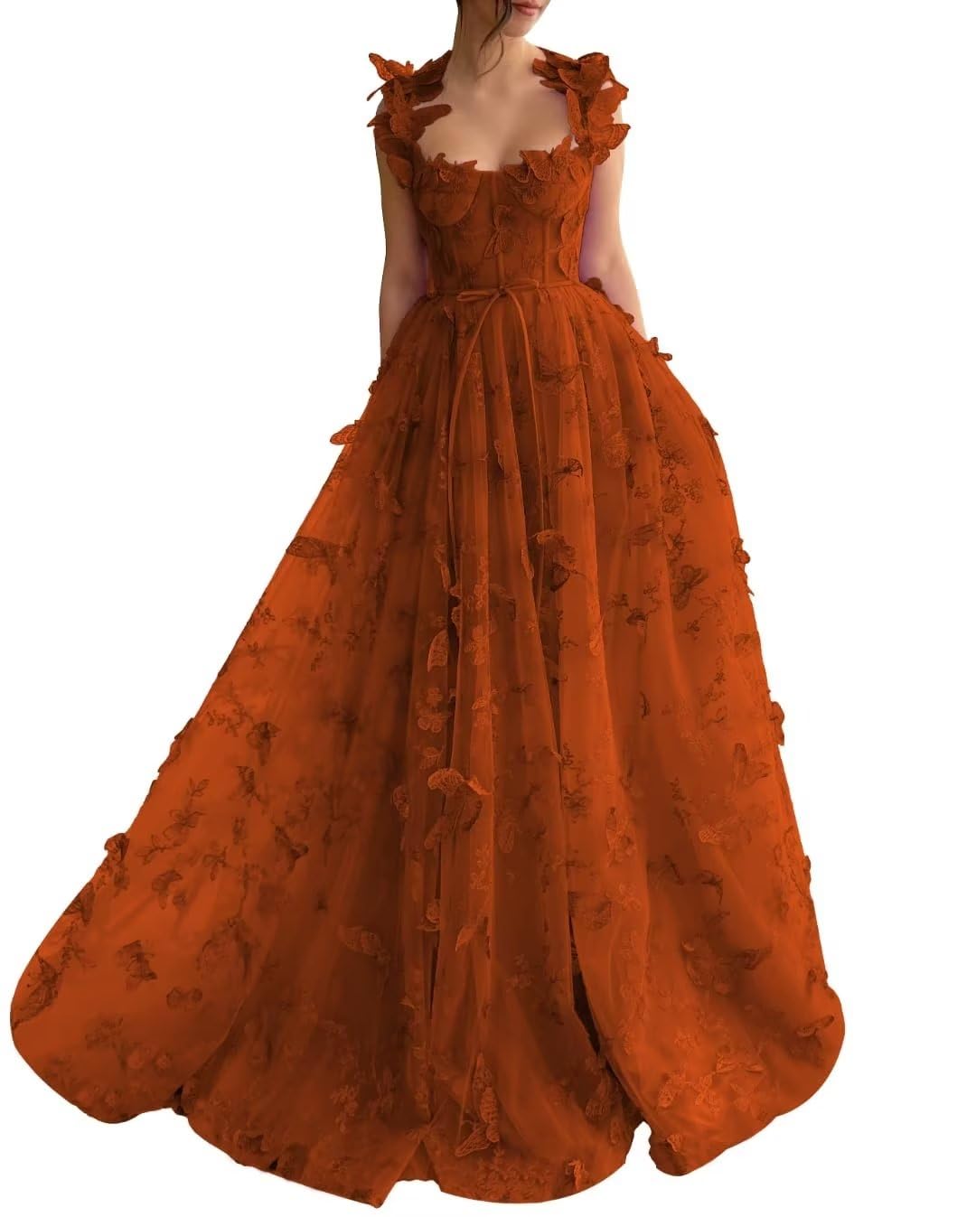 A-Line Prom Dresses Elegant Dress Formal Sweep / Brush Train Sleeveless Square Neck Tulle with Pleats Slit Appliques 3D Butterflies Dress