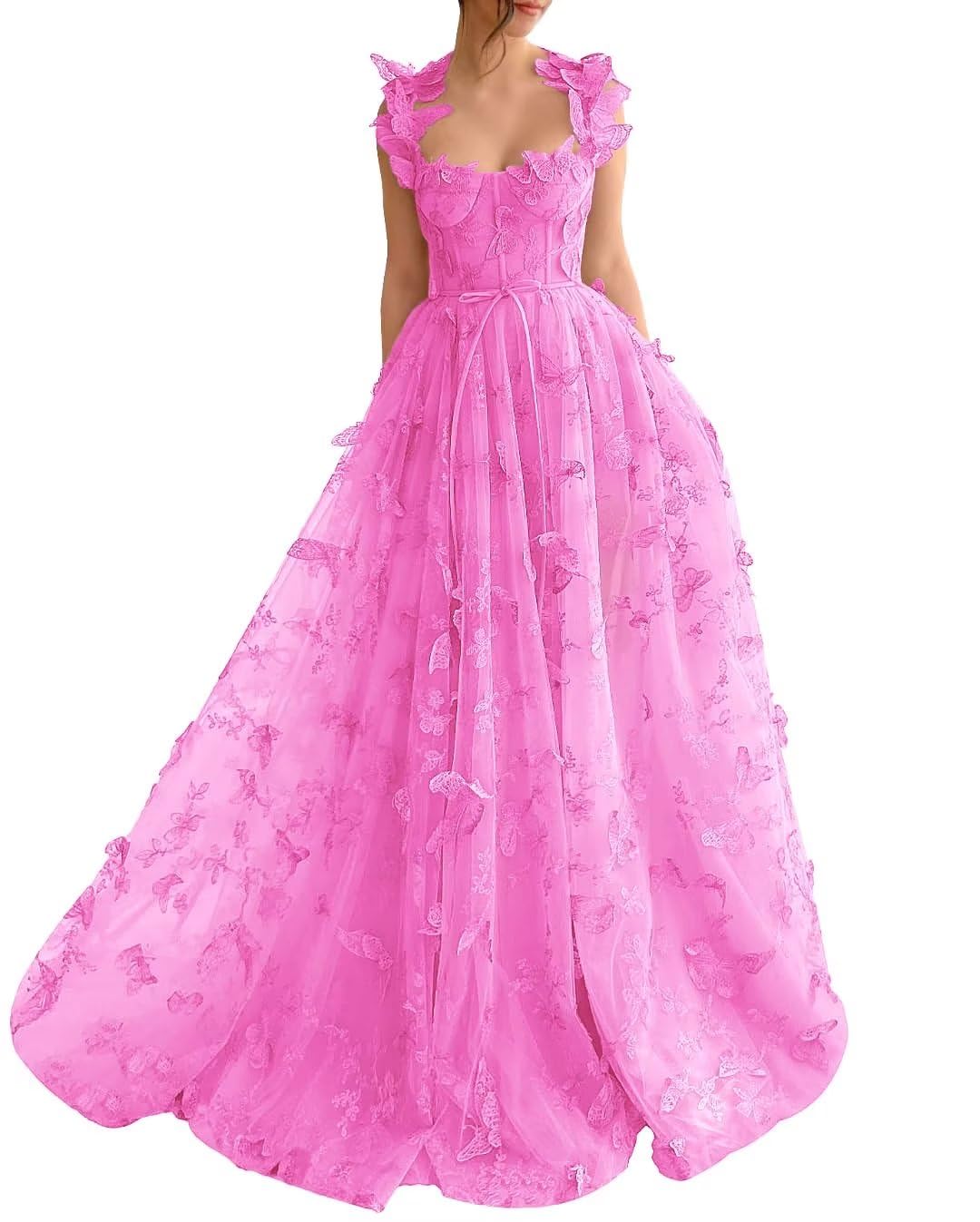 A-Line Prom Dresses Elegant Dress Formal Sweep / Brush Train Sleeveless Square Neck Tulle with Pleats Slit Appliques 3D Butterflies Dress