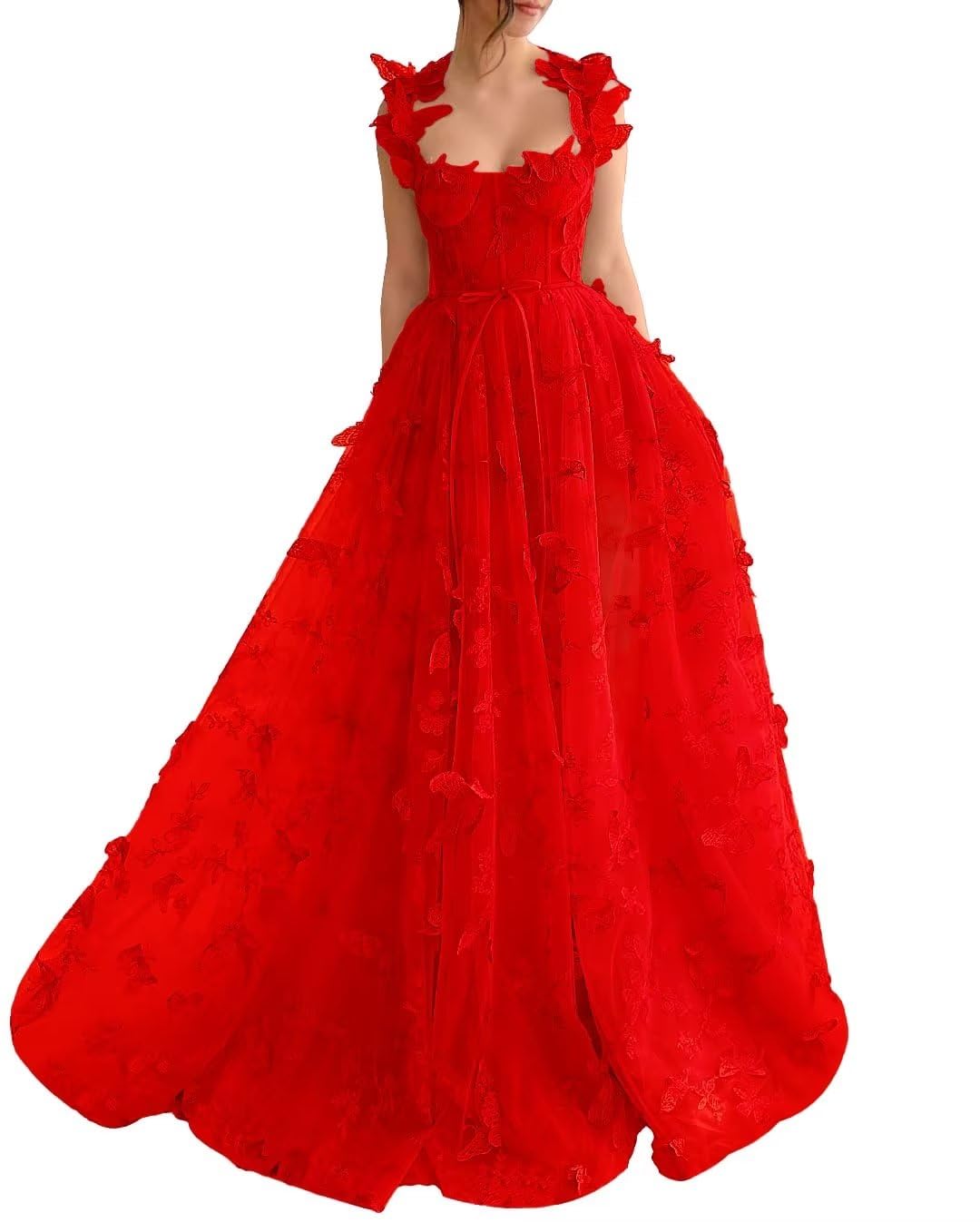 A-Line Prom Dresses Elegant Dress Formal Sweep / Brush Train Sleeveless Square Neck Tulle with Pleats Slit Appliques 3D Butterflies Dress