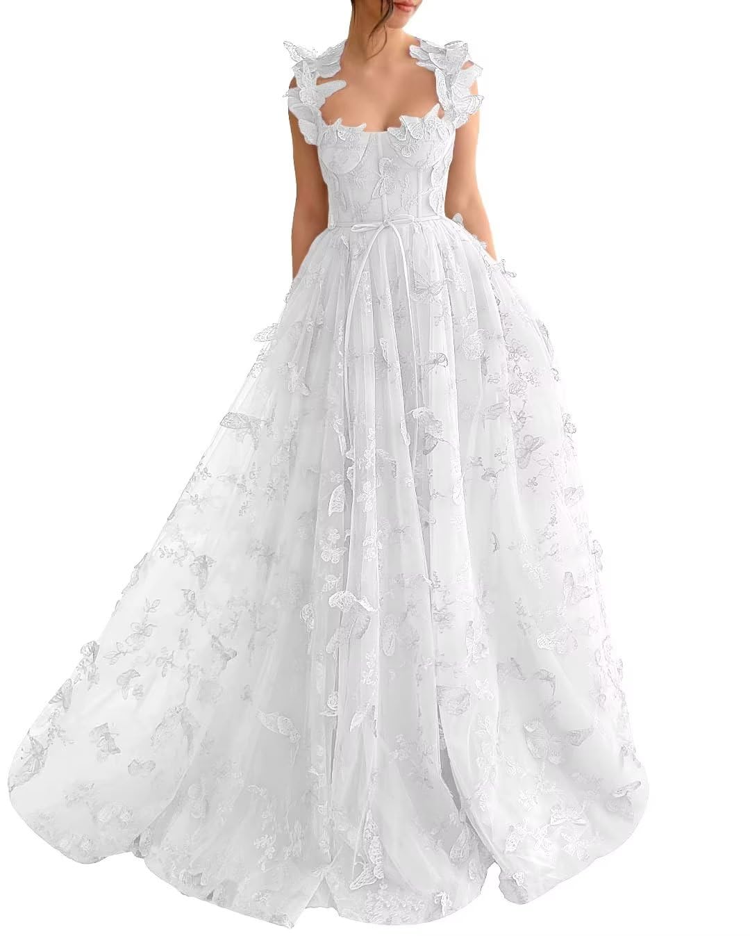 A-Line Prom Dresses Elegant Dress Formal Sweep / Brush Train Sleeveless Square Neck Tulle with Pleats Slit Appliques 3D Butterflies Dress