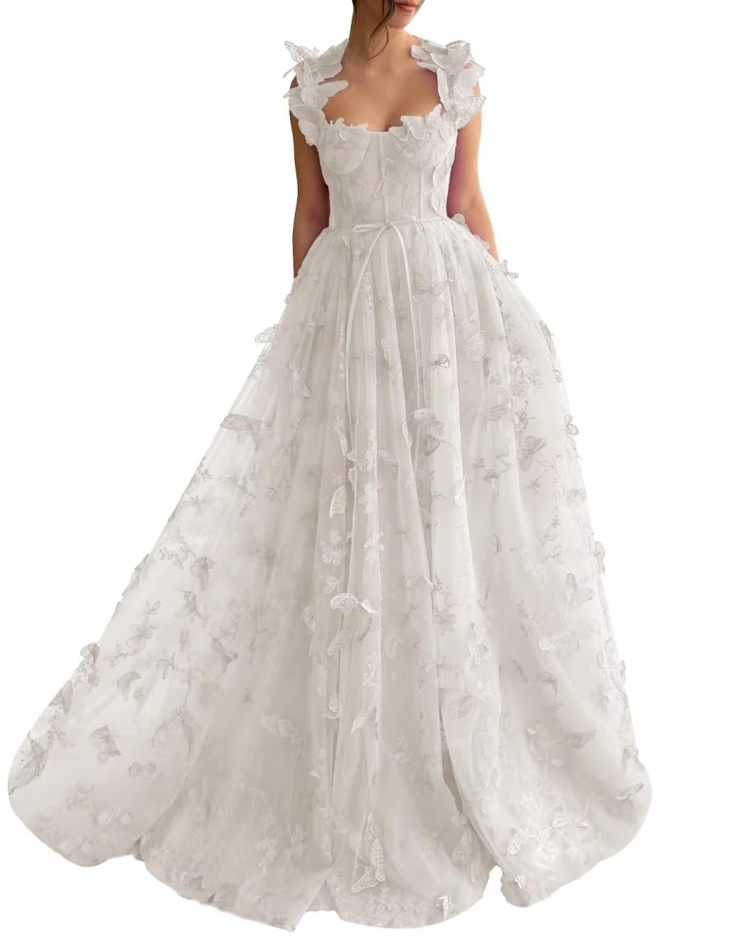 A-Line Prom Dresses Elegant Dress Formal Sweep / Brush Train Sleeveless Square Neck Tulle with Pleats Slit Appliques 3D Butterflies Dress