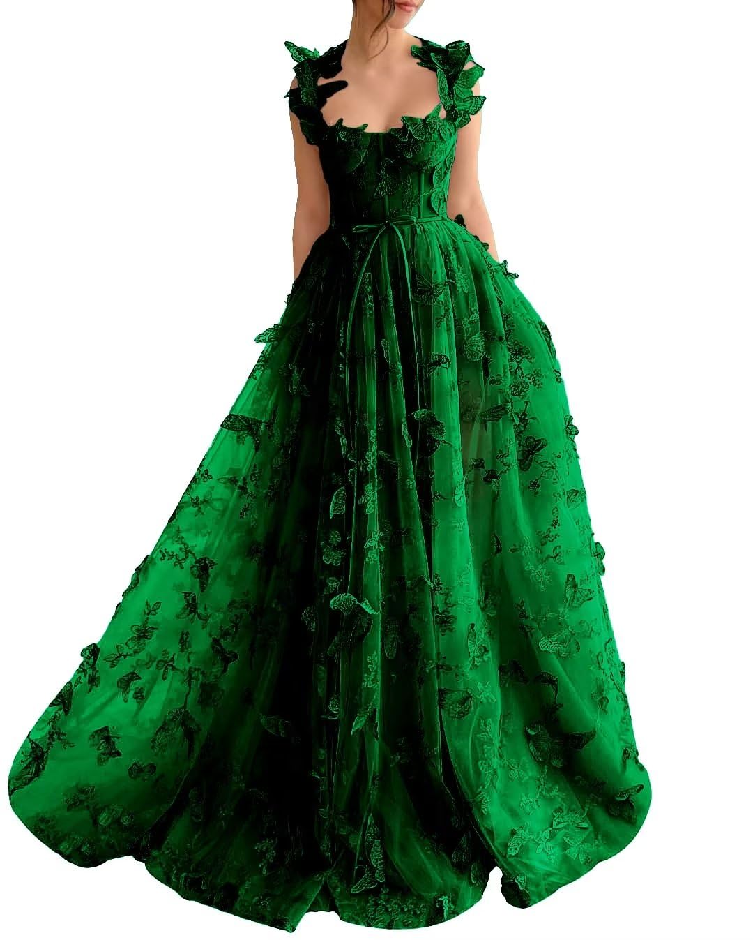 A-Line Prom Dresses Elegant Dress Formal Sweep / Brush Train Sleeveless Square Neck Tulle with Pleats Slit Appliques 3D Butterflies Dress