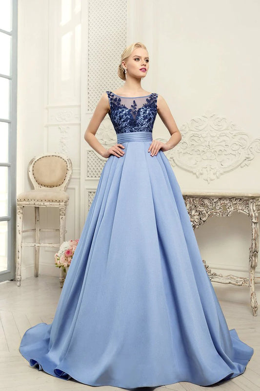 Scoop Blue A-Line Appliques Satin Backless Sleeveless Quinceanera Dress Prom Dresses
