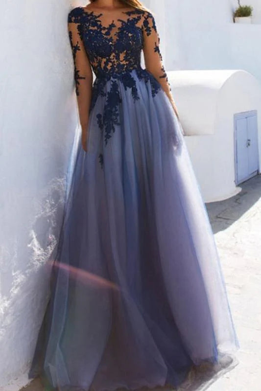 A-Line See Through Blue Lace Long Sleeve Open Back Appliques Long Prom Dresses