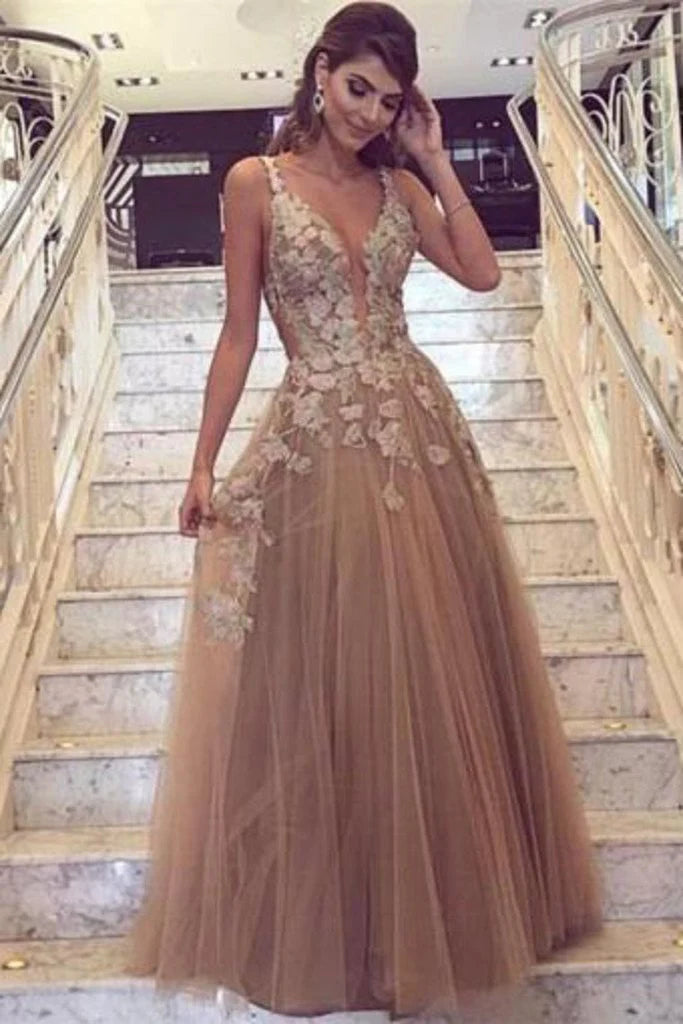 Sexy Backless Deep V Neckline Lace A Line Lace Long Custom Evening Prom Dresses