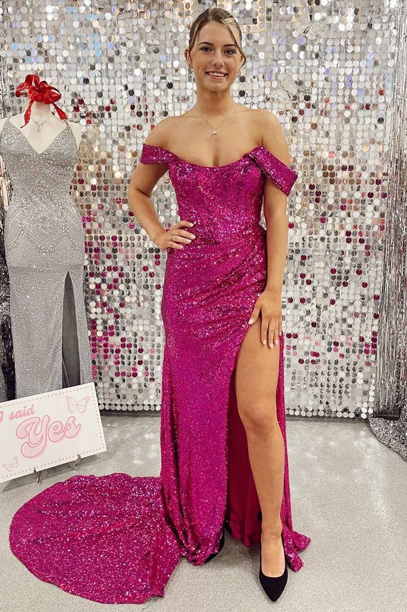 Sexy Leg Slit Long Off-the-Shoulder Sweetheart Mermaid Black Prom Dresses