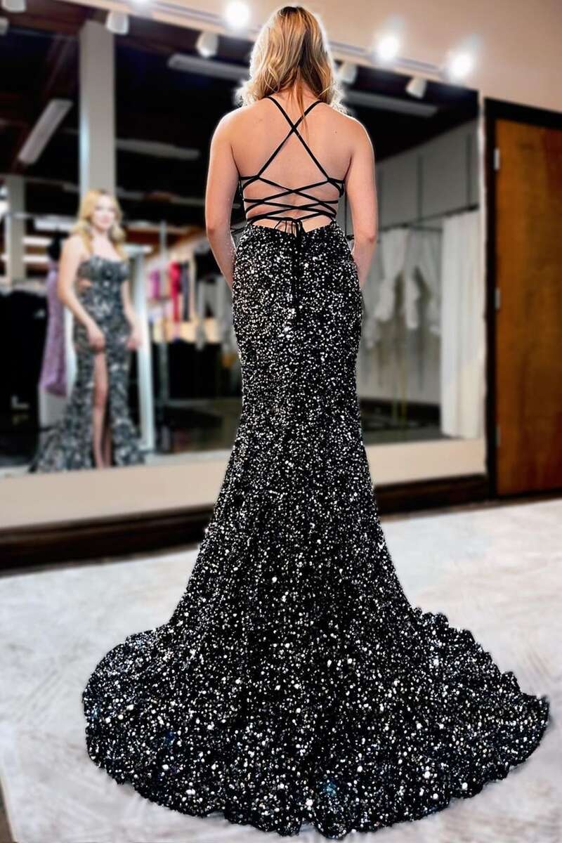Sexy Mermaid Evening Dresses Spaghetti Straps Sequins Black Lace Up Prom Dresses With Waistline And Slit