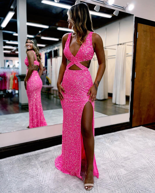 Sexy Mermaid/Sheath Cut Out V Neck Sequin Prom Dress With Split