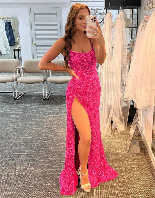Sexy Mermaid Spaghetti Straps Long Custom Sequin Prom Dresses With Split