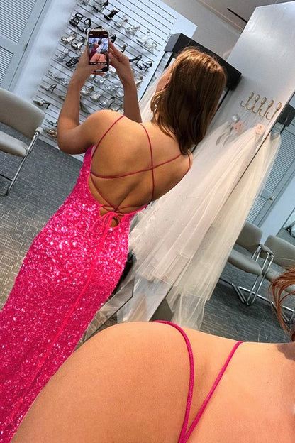 Sexy Mermaid Spaghetti Straps Long Custom Sequin Prom Dresses With Split