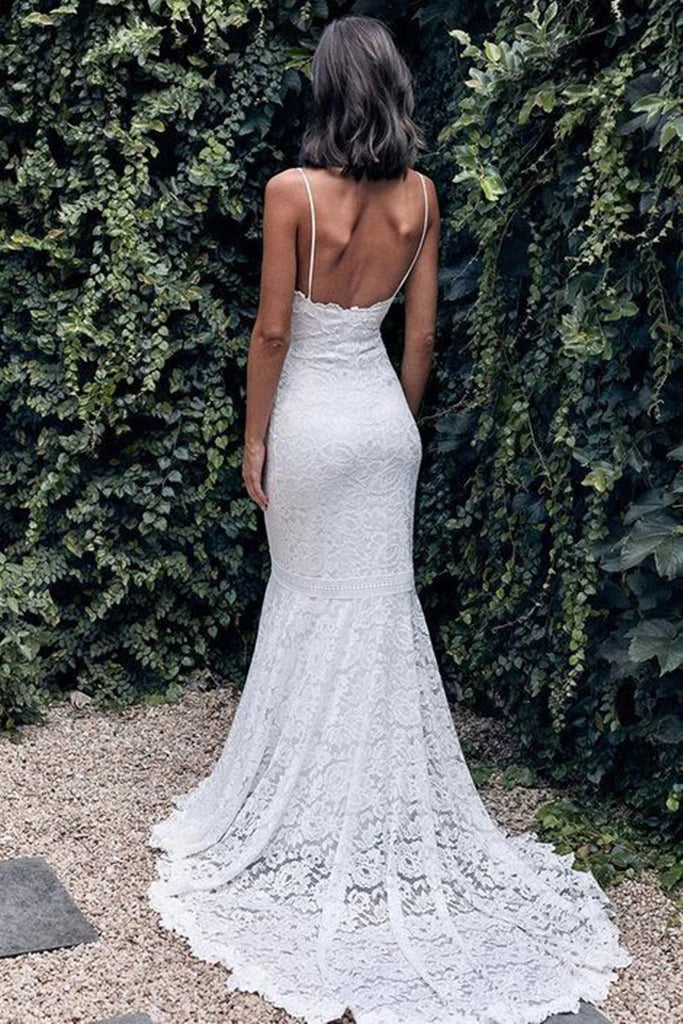 V Neck Back Hole Full Lace Mermaid Wedding Dresses