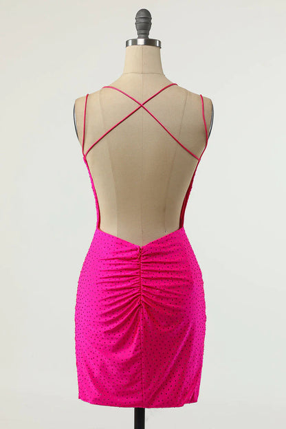 Sexy V-Neck Sleeveless Short Backless Fuchsia Prom/Homecoming Dress with Sequins