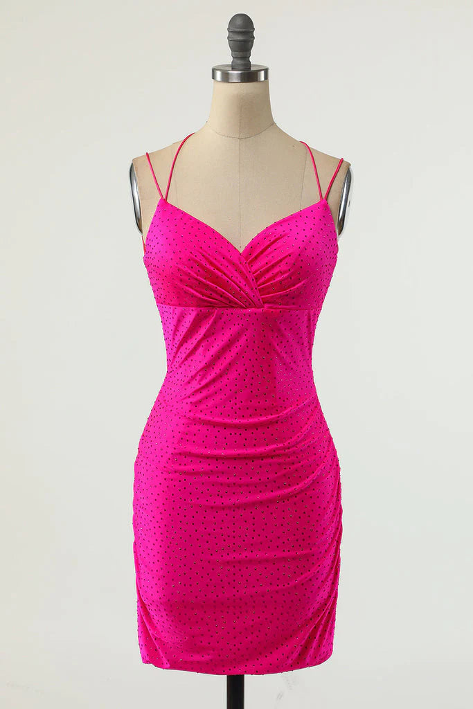 Sexy V-Neck Sleeveless Short Backless Fuchsia Prom/Homecoming Dress with Sequins