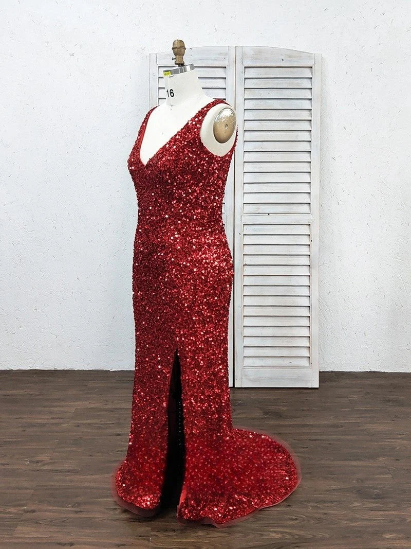 V Neck Straps Sequins Side Slit Prom Dresses Long Mermaid Formal Dress