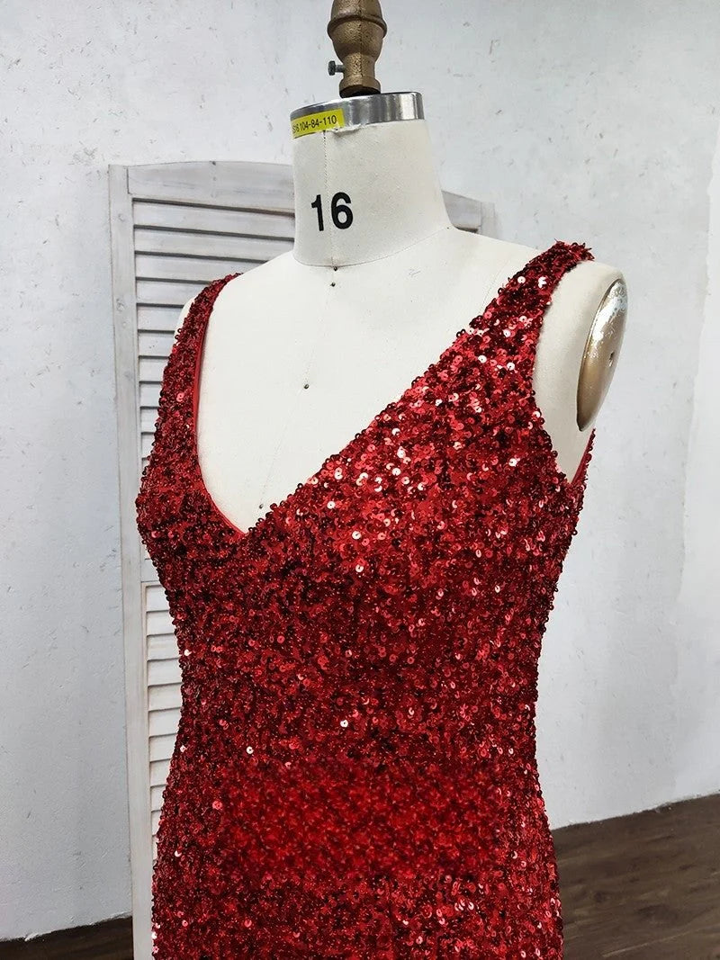 V Neck Straps Sequins Side Slit Prom Dresses Long Mermaid Formal Dress