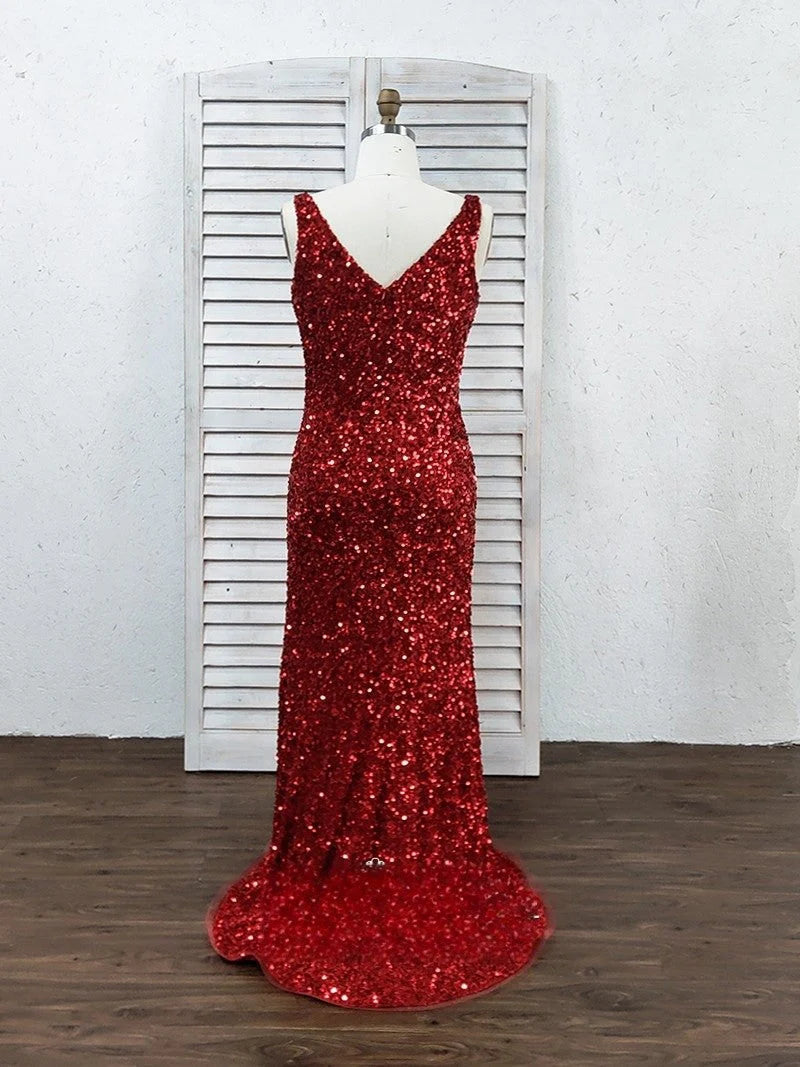 V Neck Straps Sequins Side Slit Prom Dresses Long Mermaid Formal Dress
