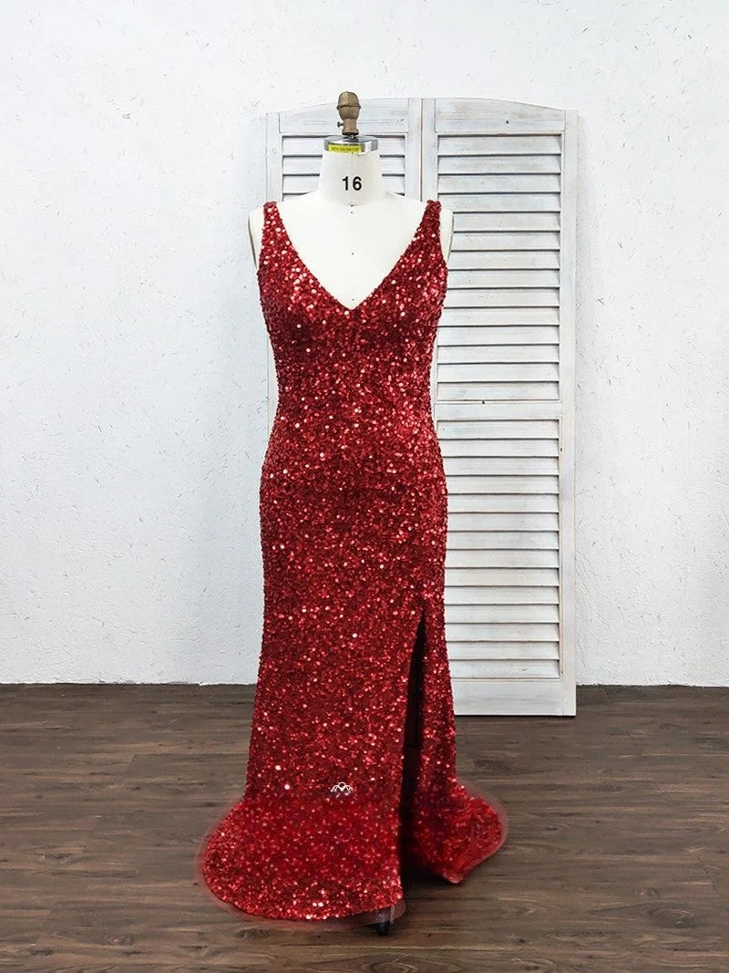 V Neck Straps Sequins Side Slit Prom Dresses Long Mermaid Formal Dress