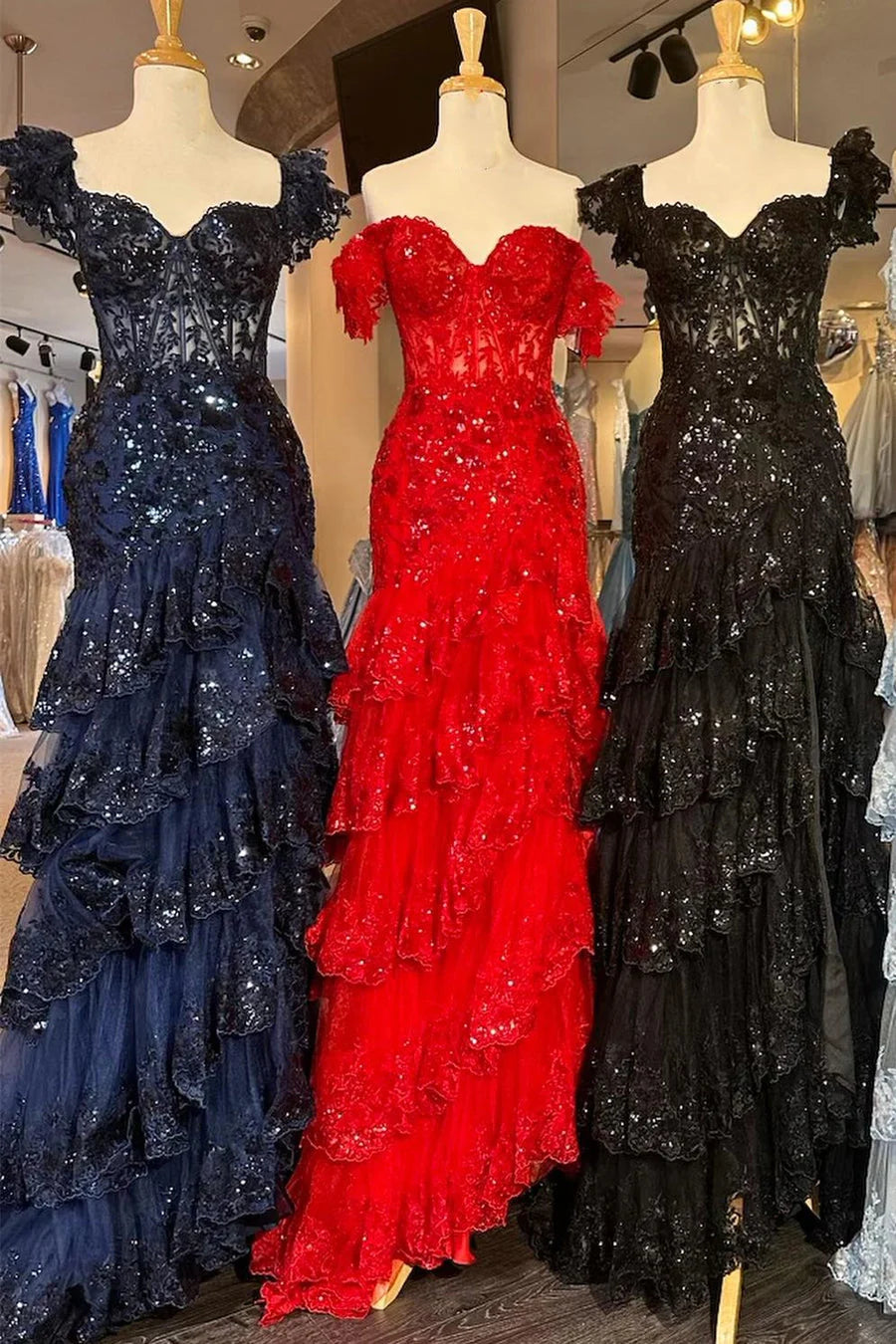 Sheath Off-The-Shoulder Sleeveless Slit Sequin Embroidery Tiered Prom Dresses