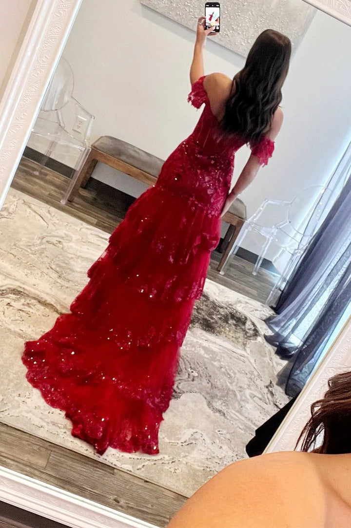 Sheath Off-The-Shoulder Sleeveless Slit Sequin Embroidery Tiered Prom Dresses
